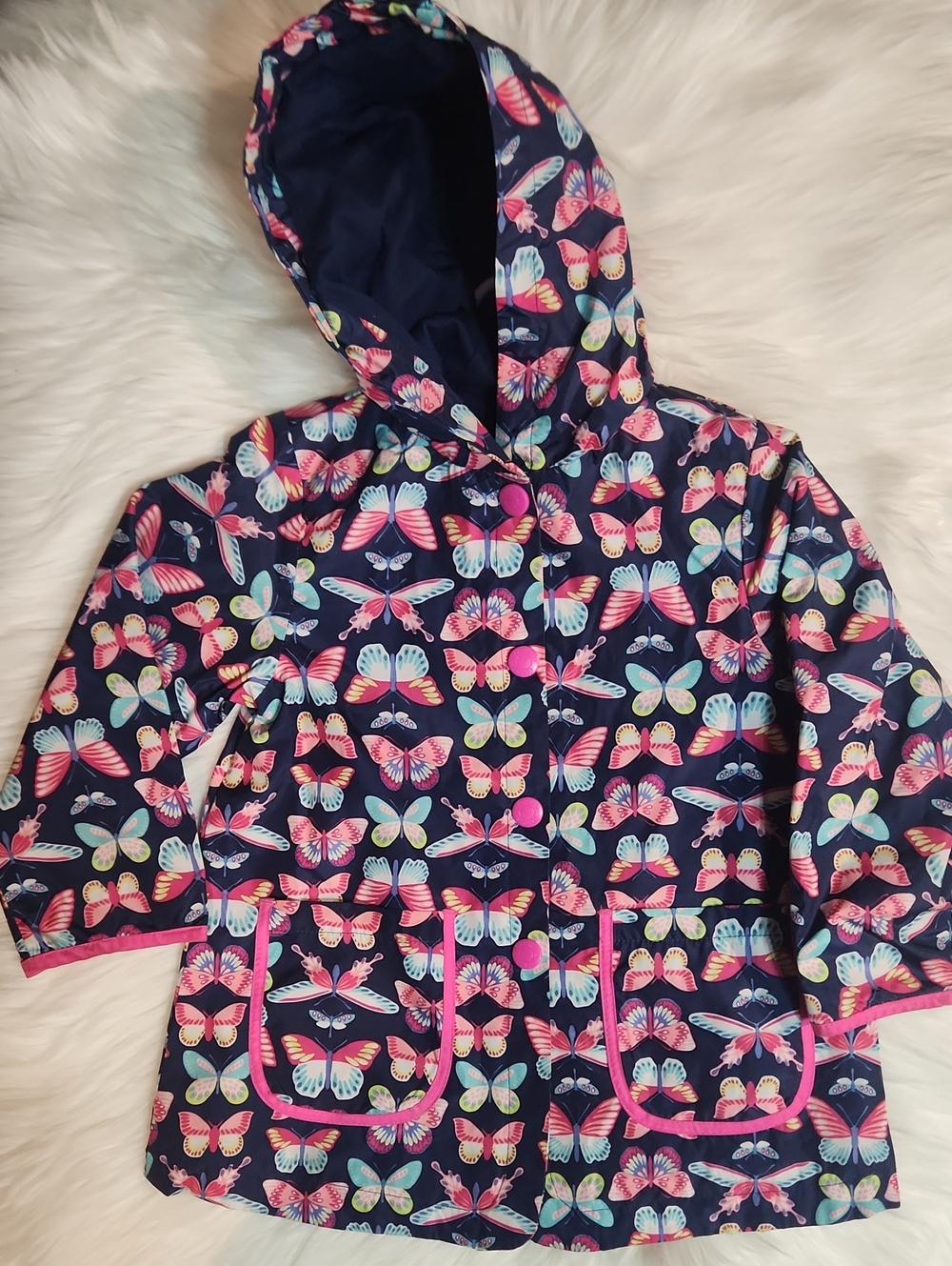 Girls' Navy Butterfly Hooded Raincoat - Pink Trim - 4T - Carters Brand